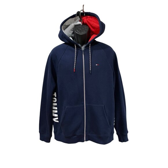 Tommy Hilfiger Denim Navy Blue Full-Zip Hoodie With Logo Print On Sleeves L/G Me - Picture 1 of 7